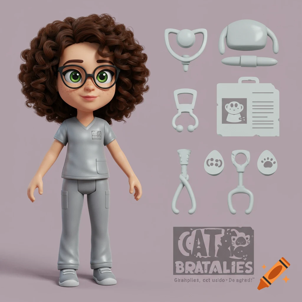 3D render of a cartoon action figure woman in scrubs with accessories