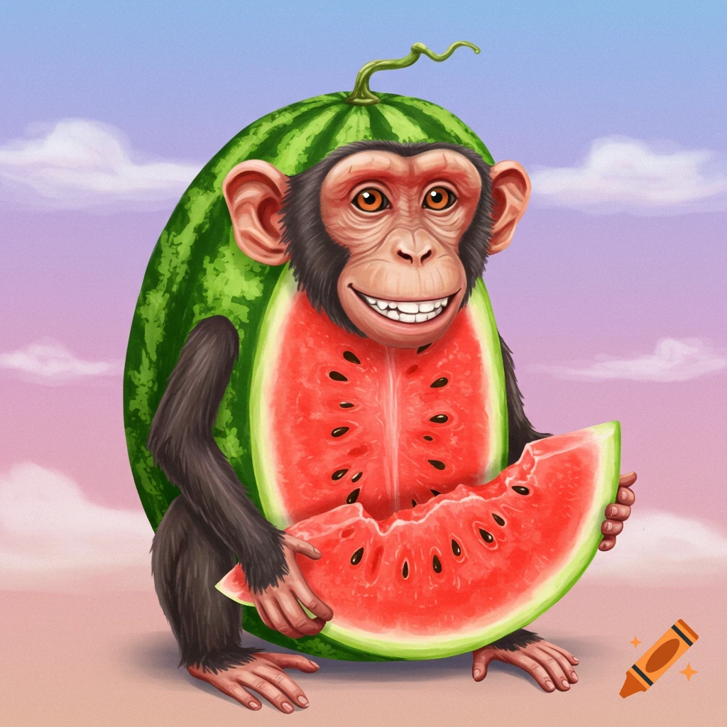 A chimpanzee with a watermelon body holding a slice of watermelon.