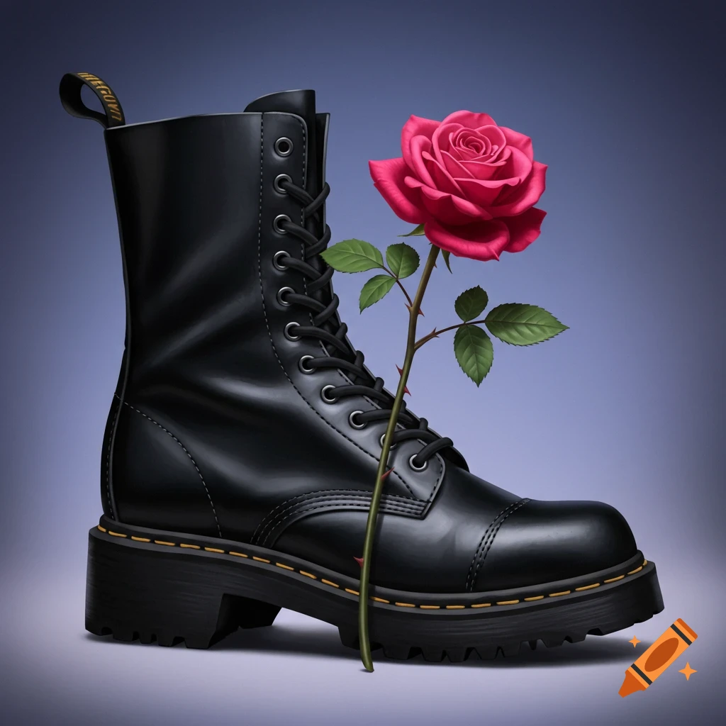 A black boot with a single red rose growing out of it.