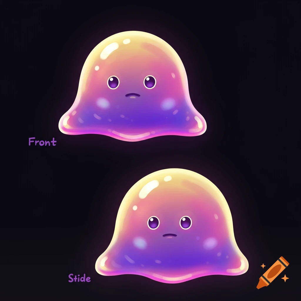 Front and side views of a glowing purple and yellow slime creature