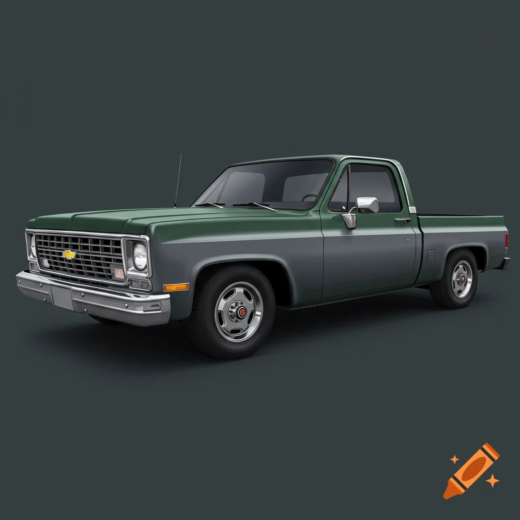 A green and grey classic pickup truck.
