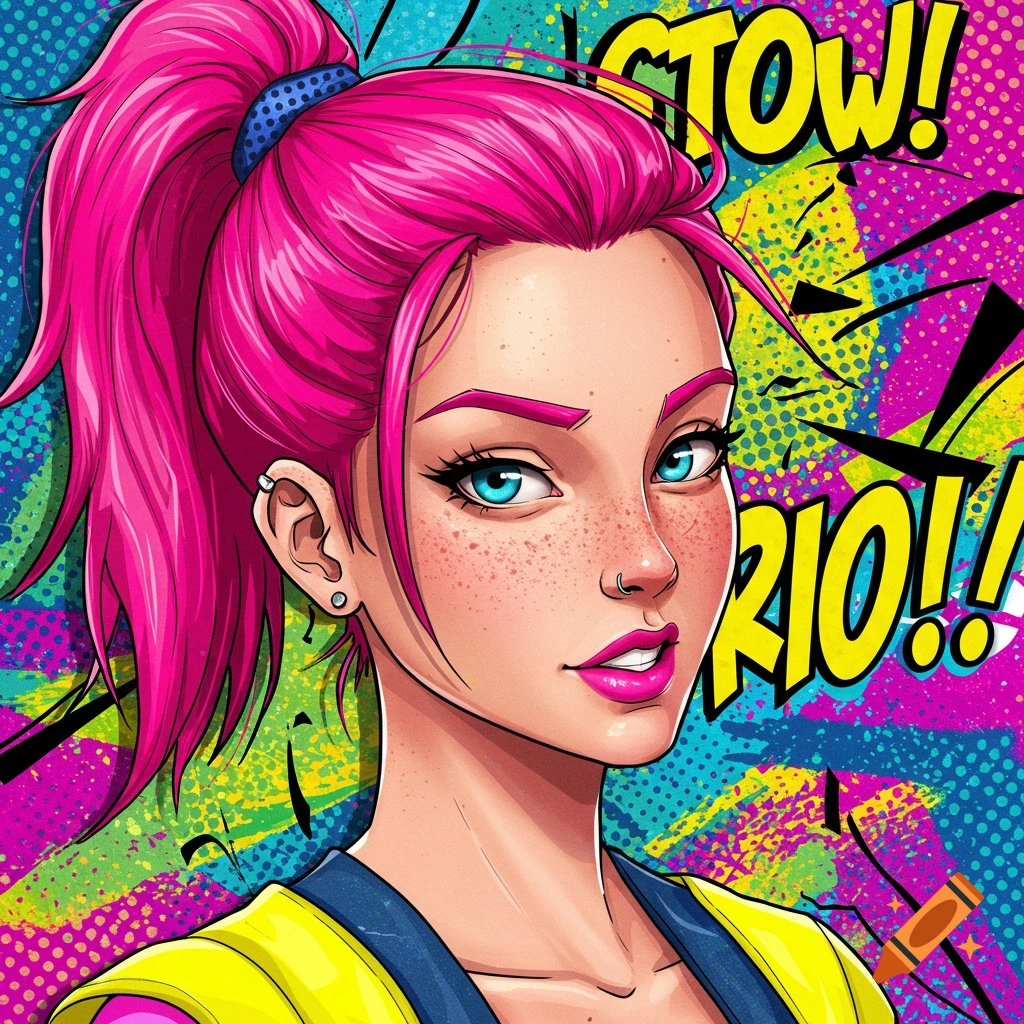 Pop art style image of a girl with bright pink hair and blue eyes, with comic book text in the background.