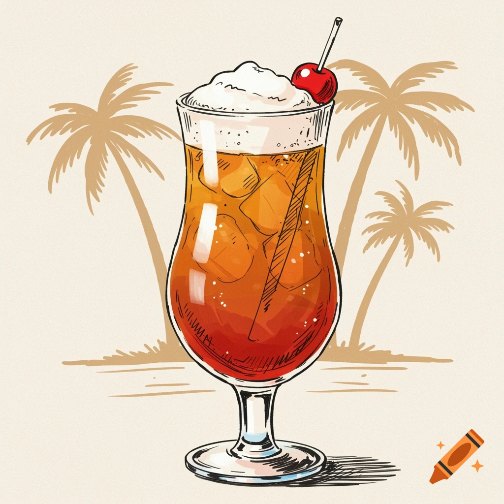 Sketchy illustration of a Bahama Mama cocktail with palm trees in the background.