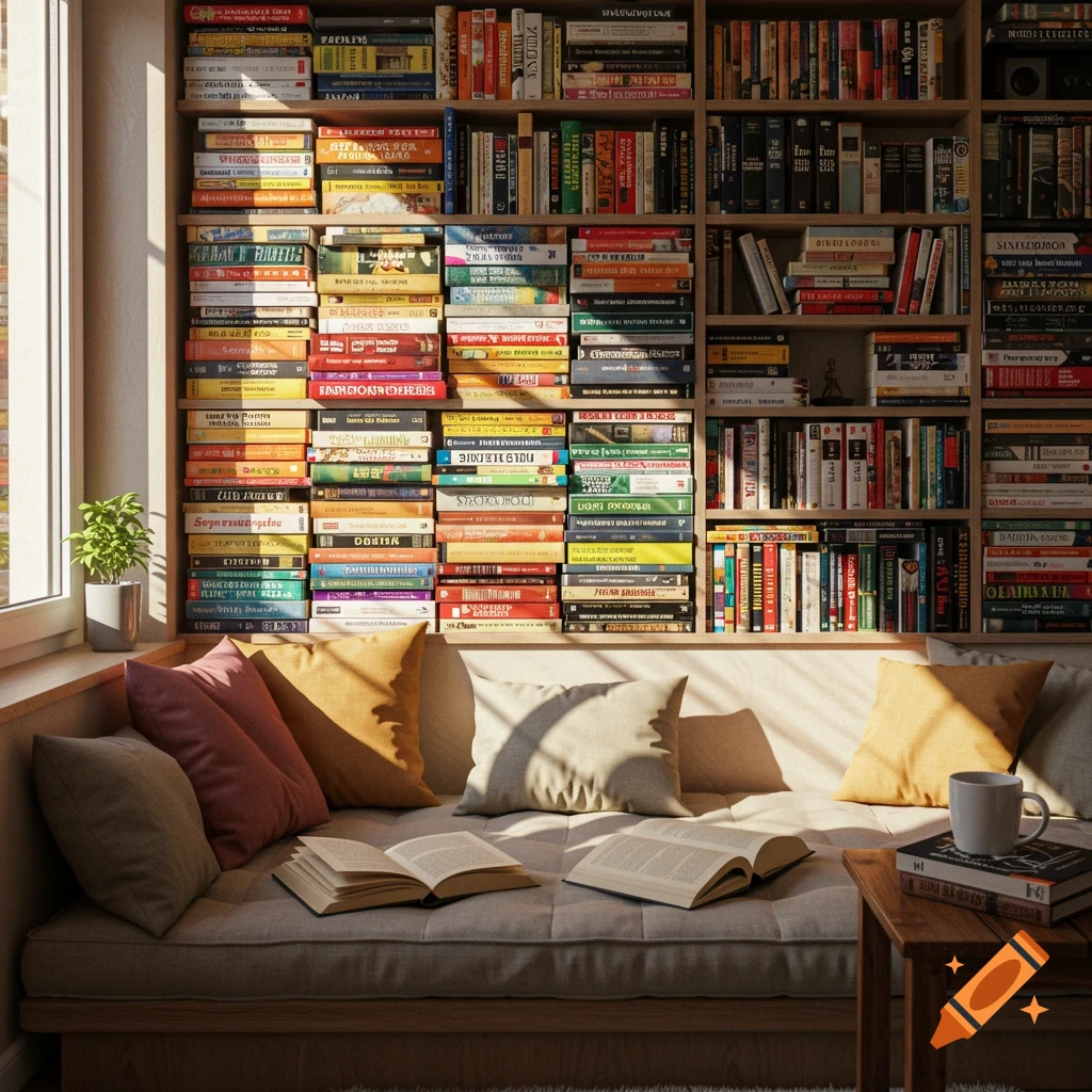 A sunlit cozy reading nook with bookshelves, cushions, open books, and a coffee mug.