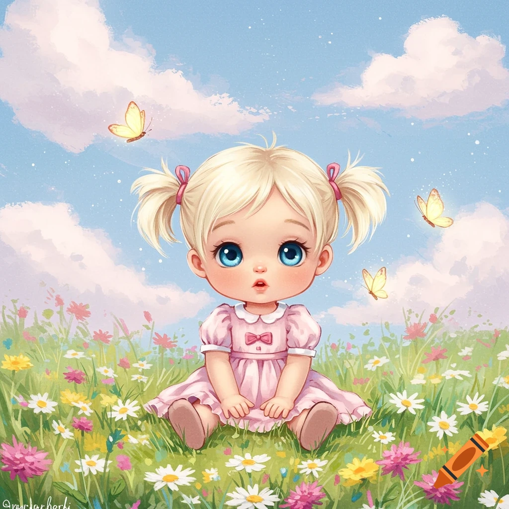 A baby girl with blonde pigtails in a pink dress, sitting in a field of wildflowers with butterflies.