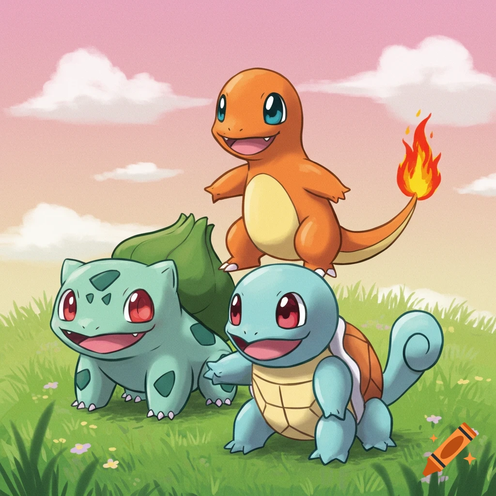 Bulbasaur, Squirtle, and Charmander in a grassy field.