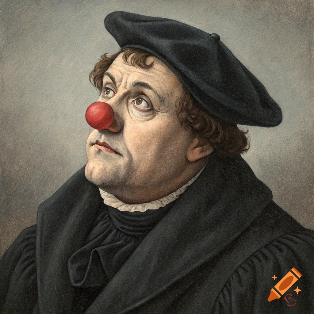 Realistic portrait of Martin Luther wearing a clown nose and looking up.