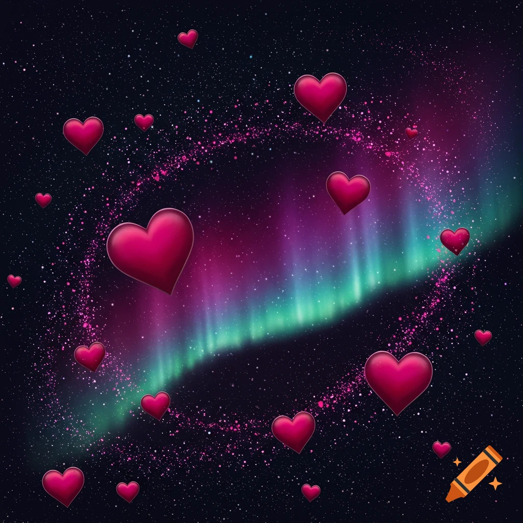 Floating pink hearts and stars against a vibrant green and purple aurora sky.