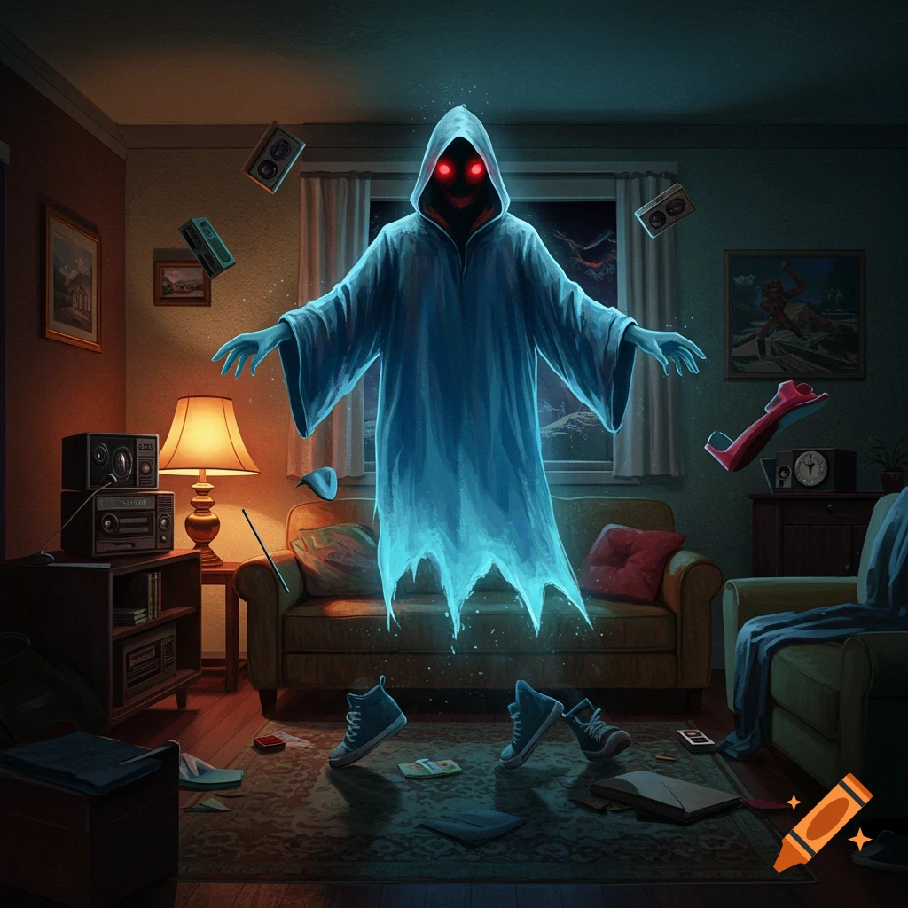 A blue poltergeist with red eyes hovers in a retro living room, levitating objects.