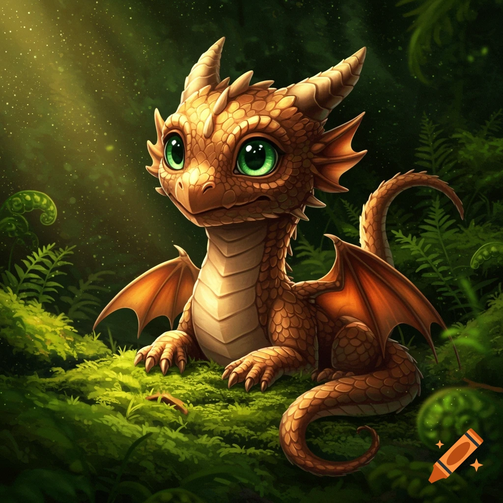 A cute baby bronze dragon with green eyes sits in a mossy forest.