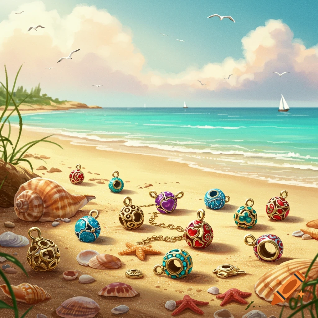Coastal charms and seashells on a beach