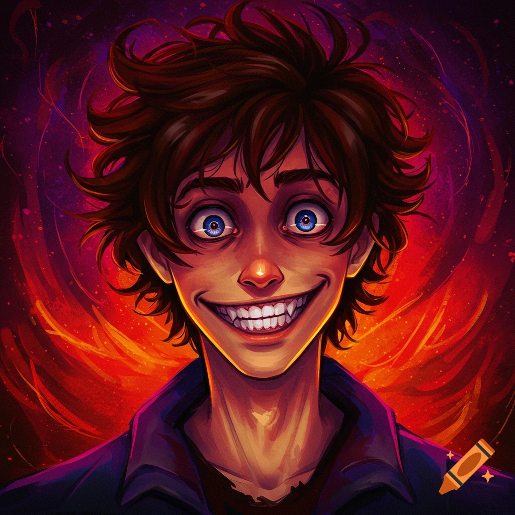 Cartoon person with spiky brown hair and wide blue eyes smiling.
