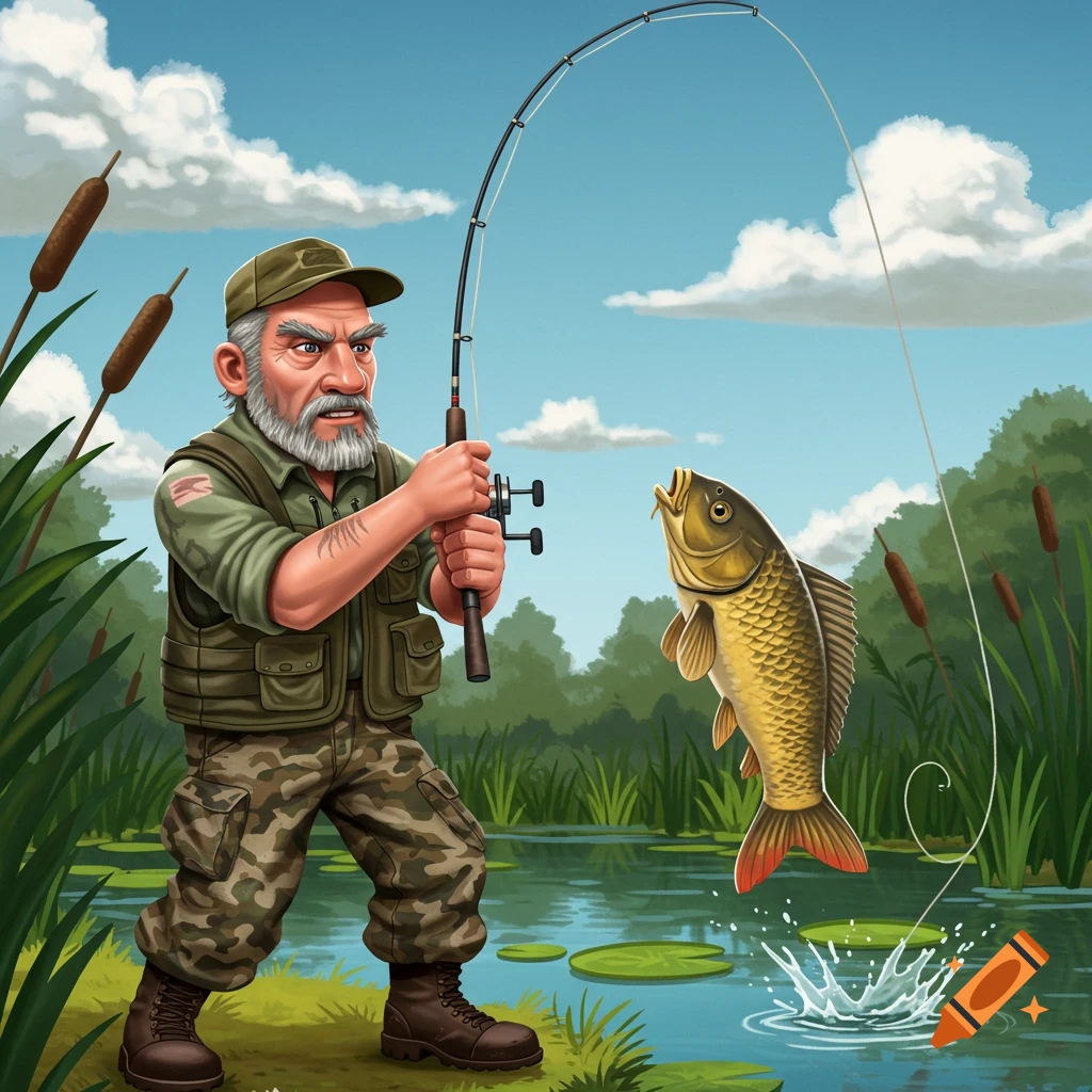 Cartoon fisherman catching a large fish.