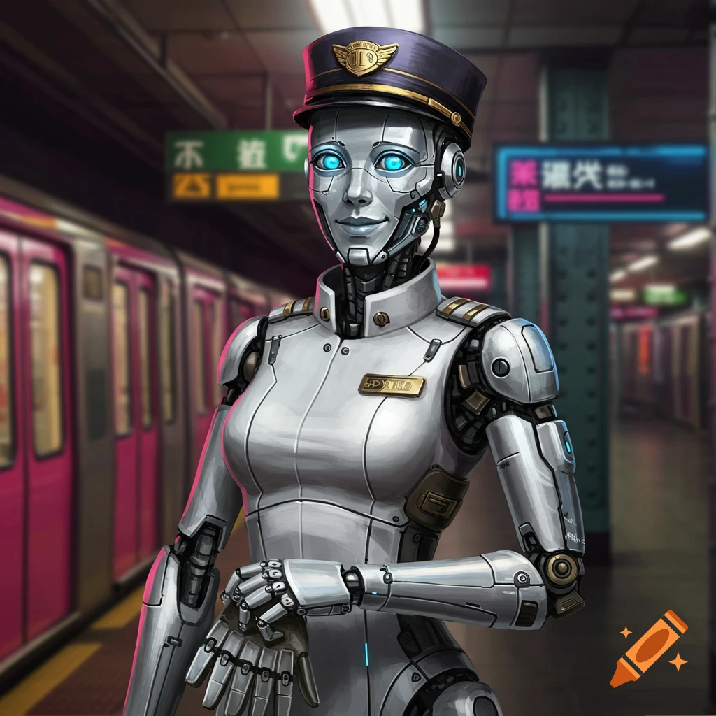 A robot woman in a train conductor uniform standing on a subway platform.