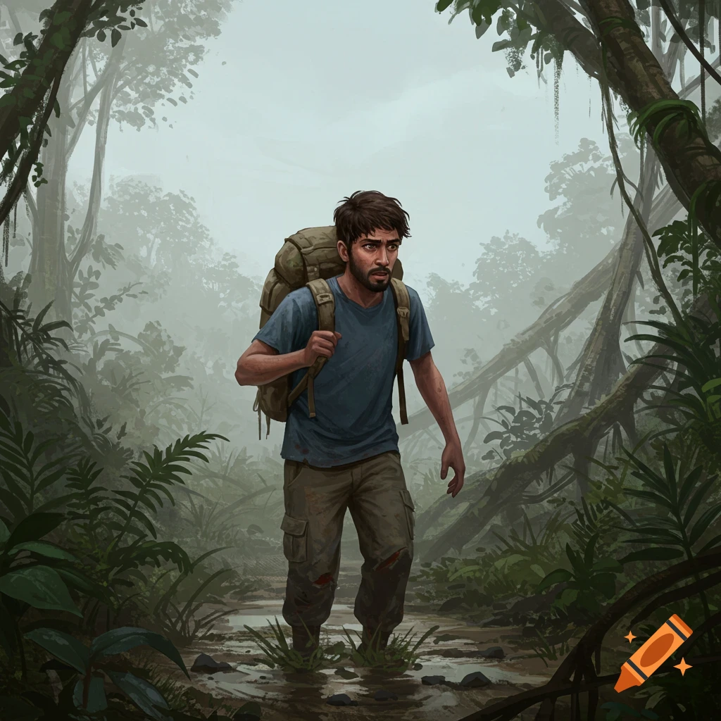 A man hiking with a backpack through a muddy jungle.