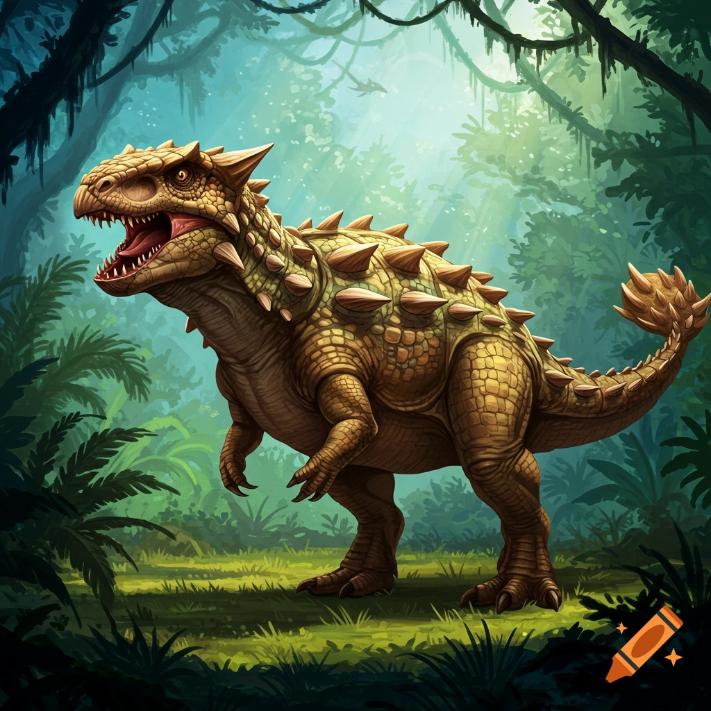 A large, armored dinosaur with spikes roars in a lush green jungle.