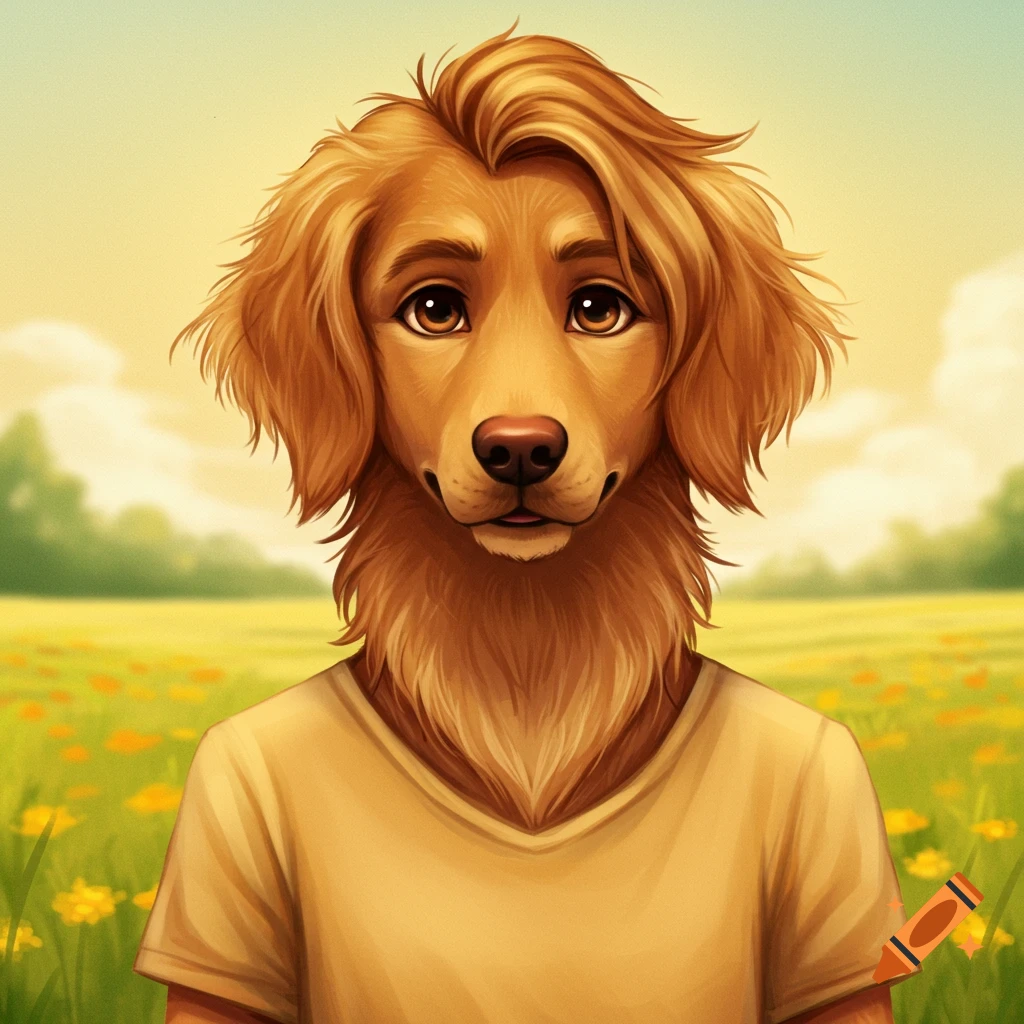 A golden retriever dog with human features wearing a yellow shirt in a field.