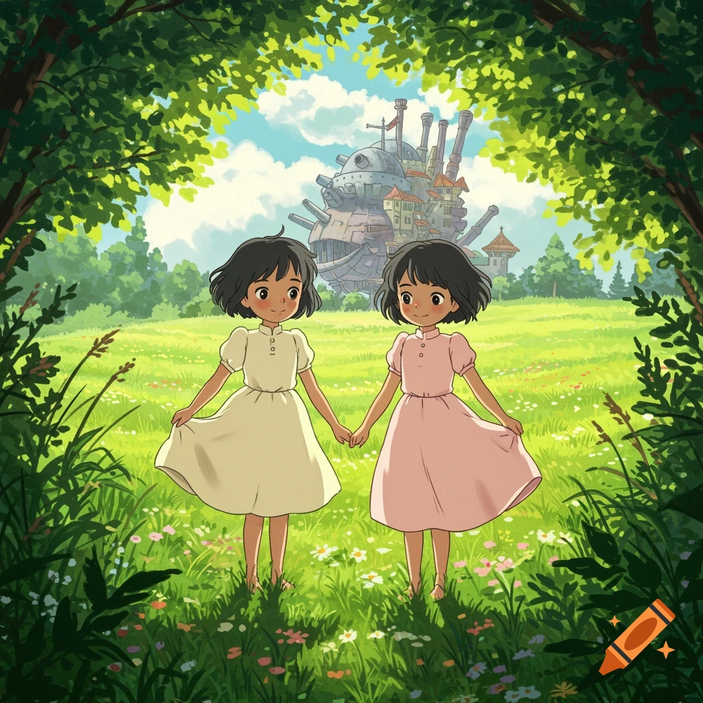 Two young girls in simple dresses stand hand-in-hand in a grassy meadow with a whimsical castle in the background, in a Studio Ghibli anime style.