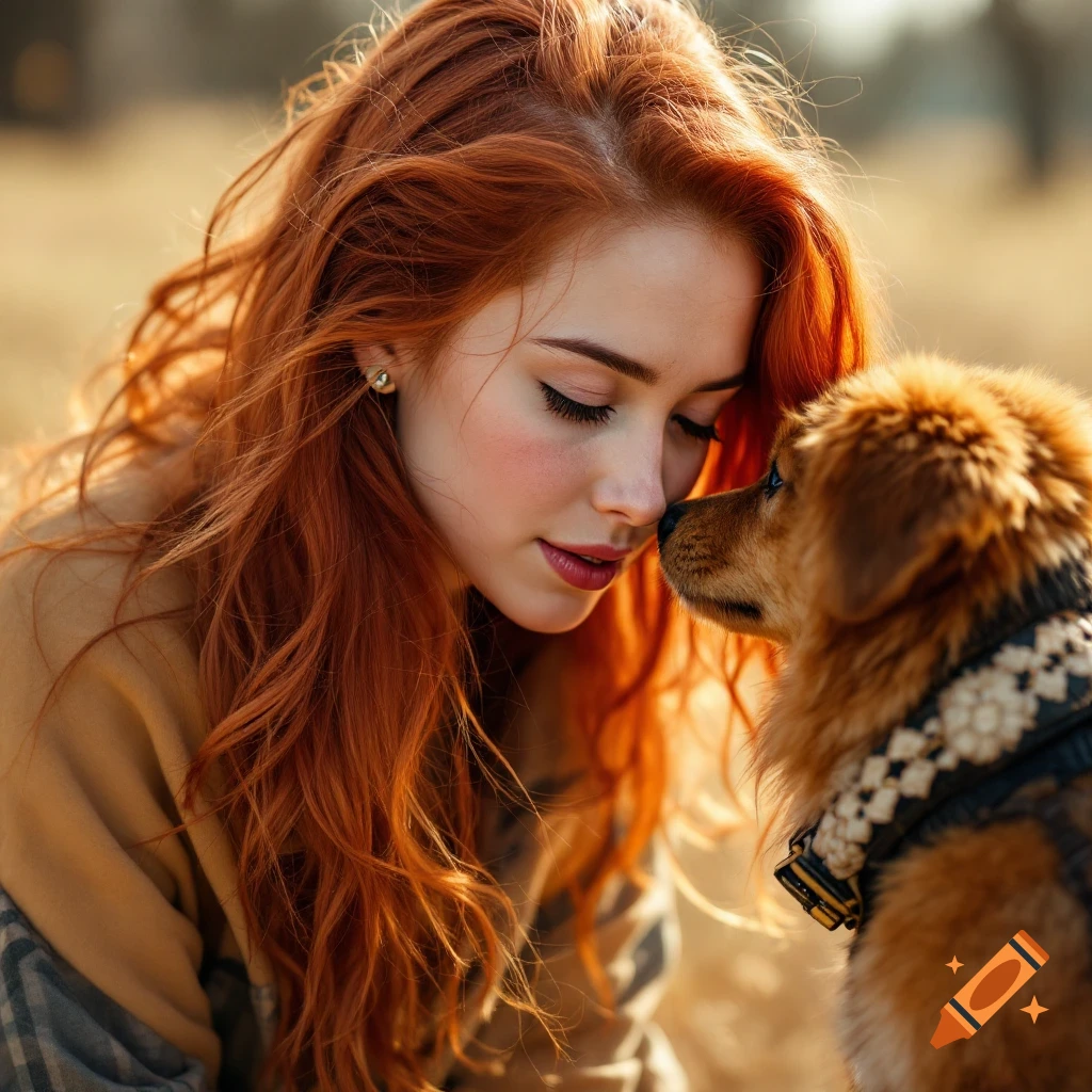 A woman with red hair gently touches noses with a small brown dog in a sunlit outdoor setting.