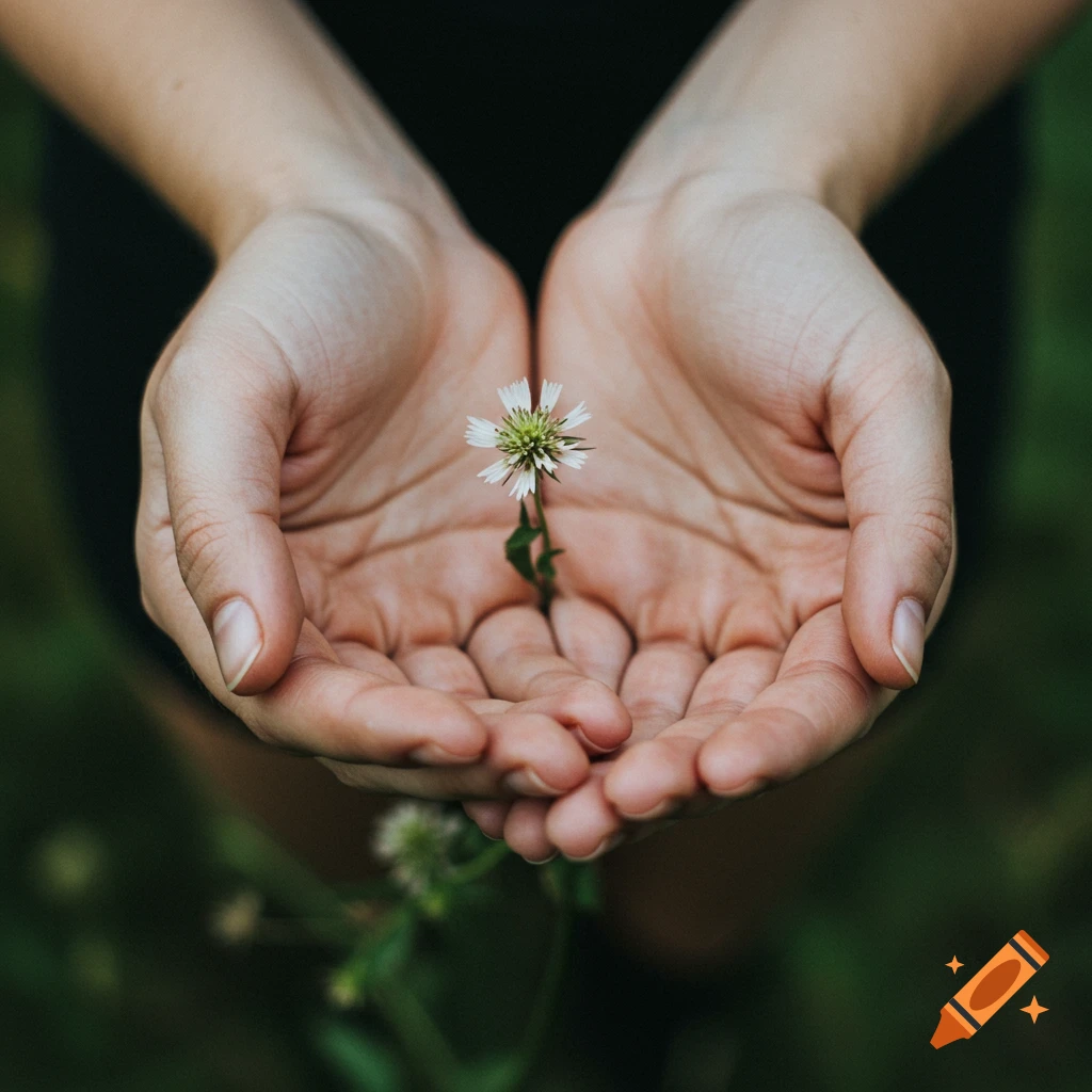 Hands holding a tiny white flower
