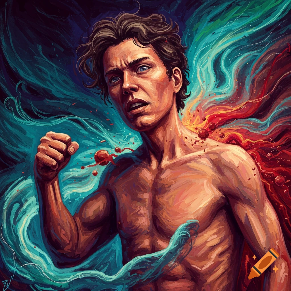A man with a determined expression surrounded by swirling blue and red energy