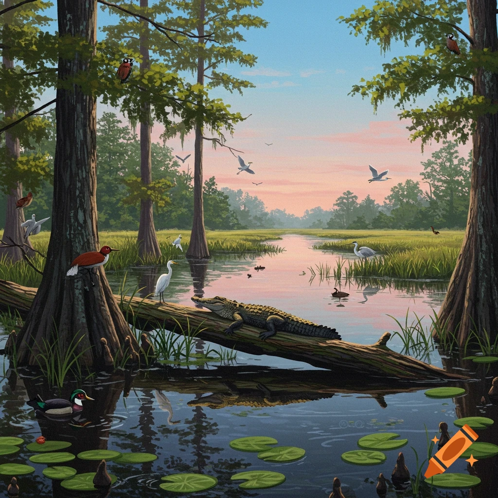 A swamp scene with cypress trees, an alligator on a log, ducks, egrets, and birds in the water and trees.