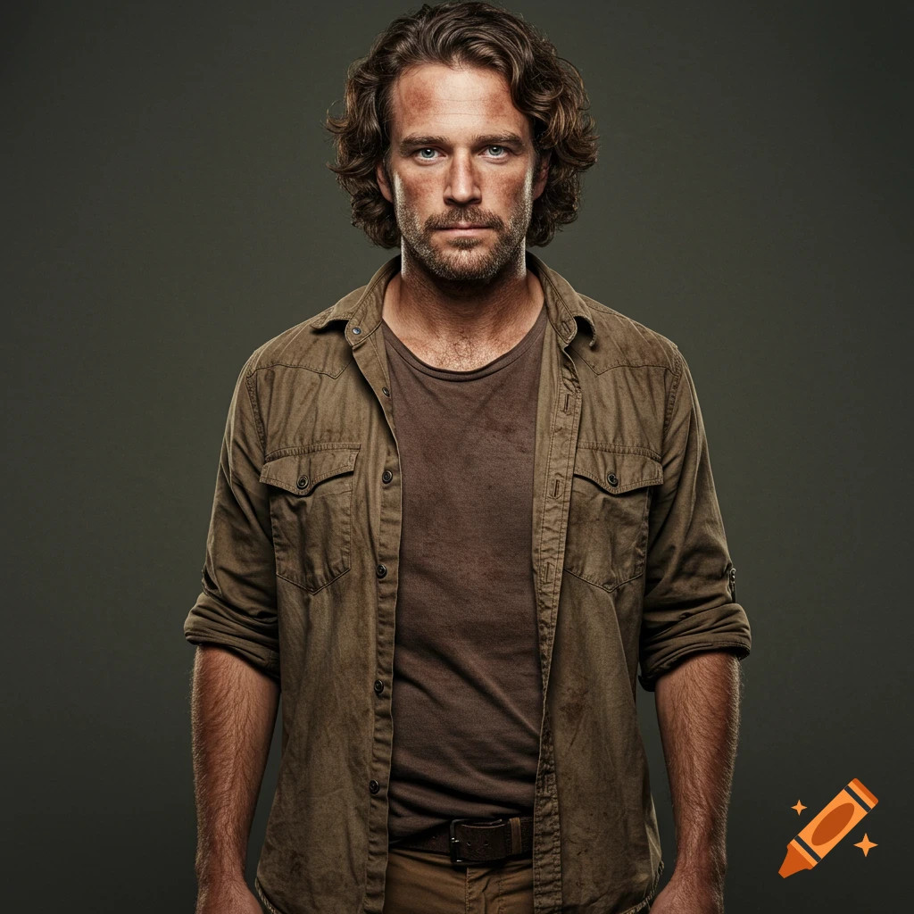Photorealistic portrait of a man with wavy hair and stubble wearing a brown shirt.