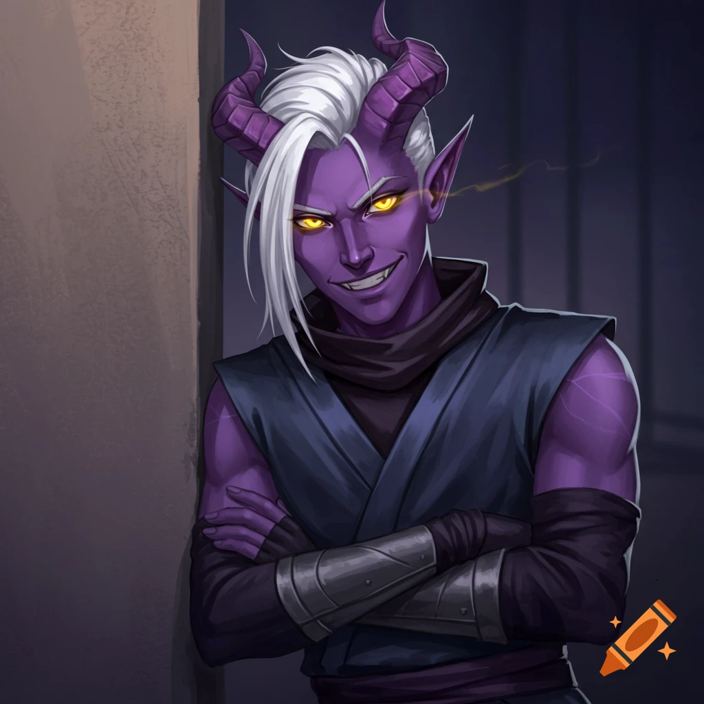 A purple-skinned tiefling with white hair, purple horns, and yellow eyes leans against a wall, smirking. He wears a dark blue ninja-like outfit.