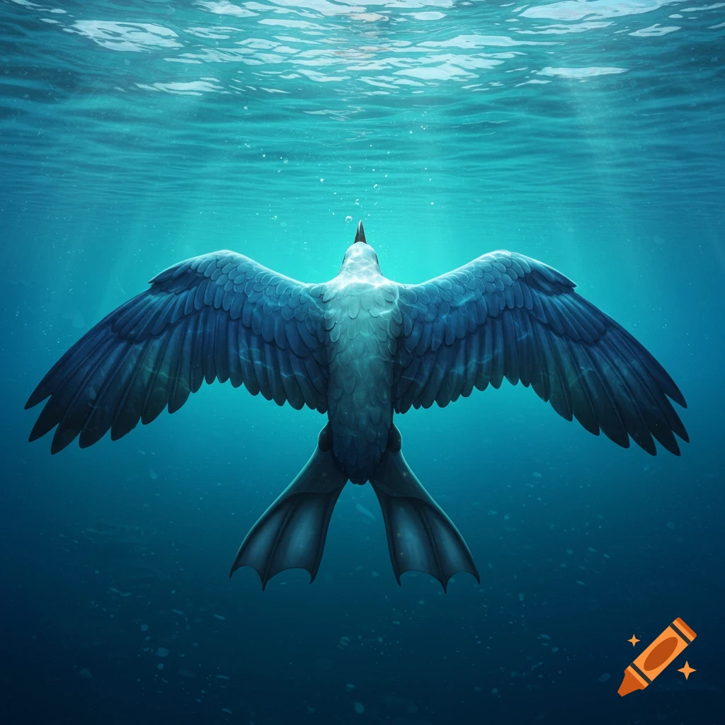 A creature with large wings and flippers swimming underwater.