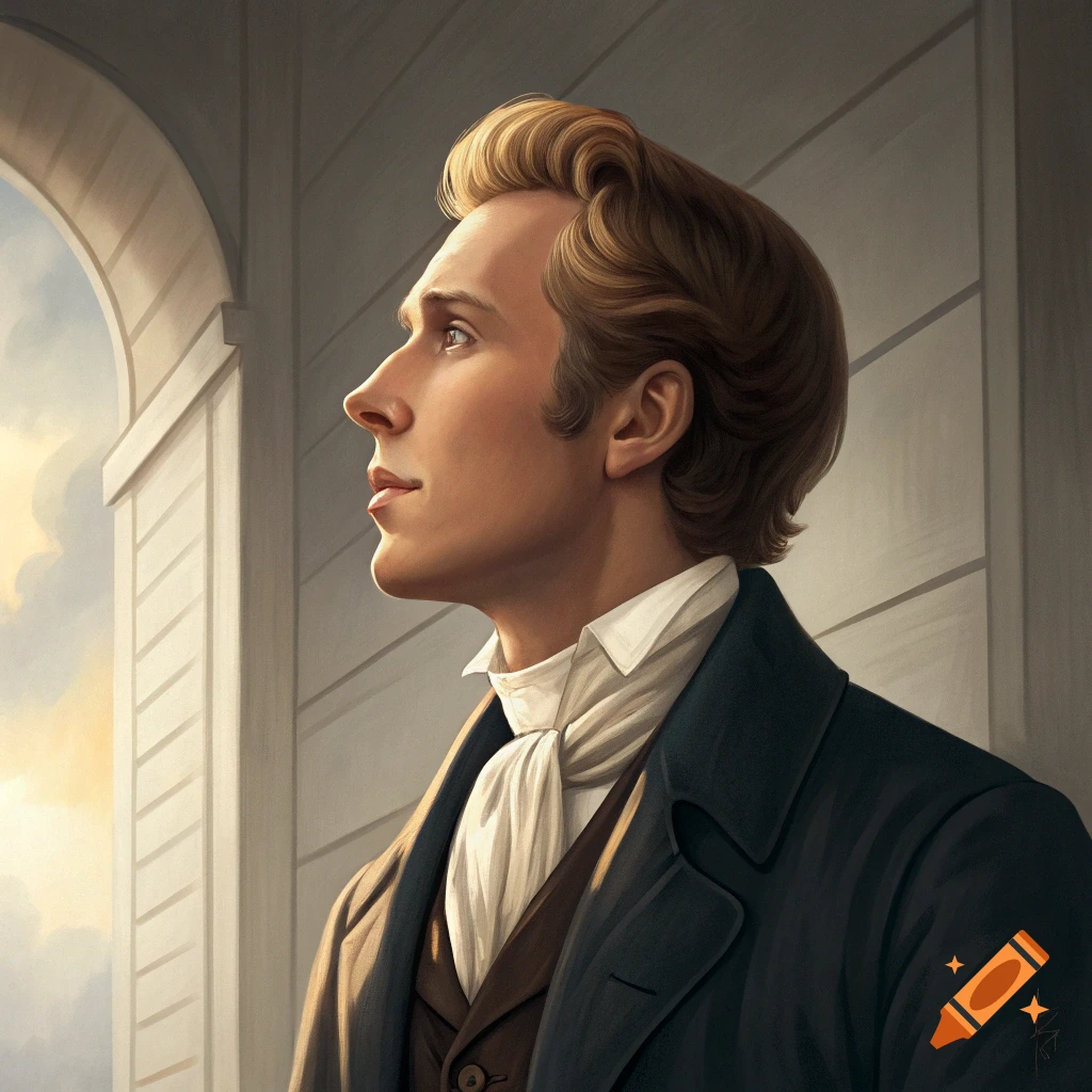 Portrait of a young man in historical clothing looking towards a sunlit window.