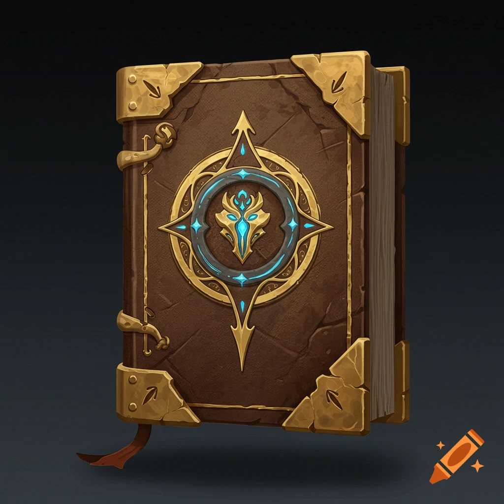 An ancient, ornate brown fantasy book with golden metal corners, clasps, and a glowing blue symbol on the cover.