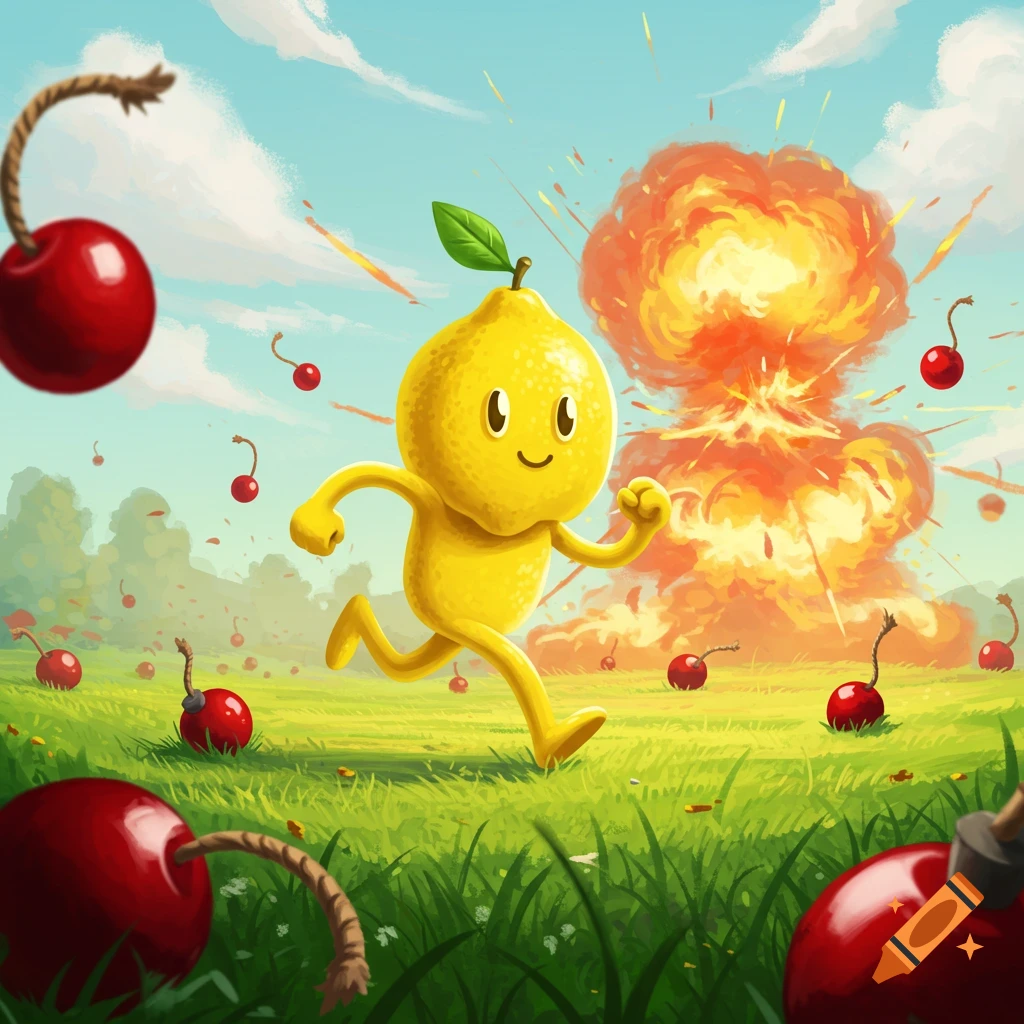 Cartoon lemon character runs through a field of cherry bombs exploding in background.