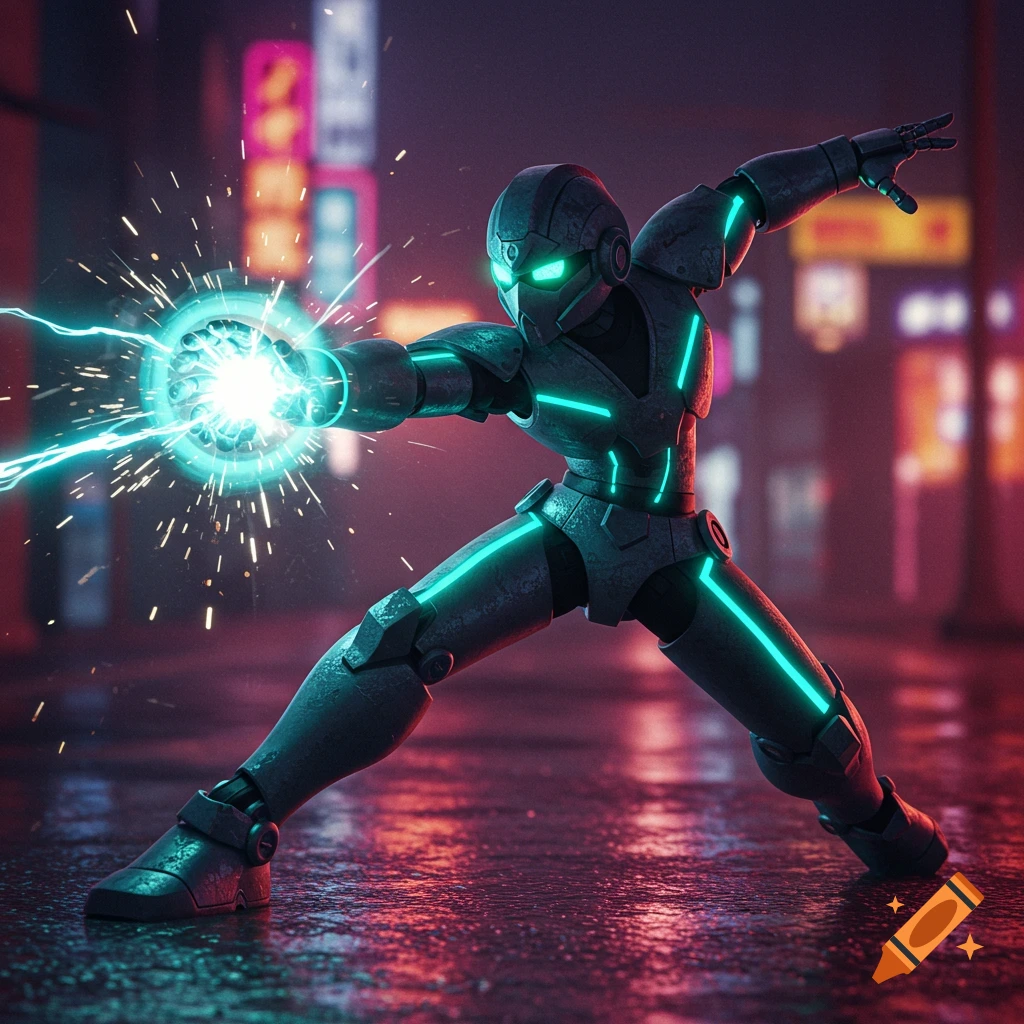 A robot in an action pose shoots glowing energy in a neon-lit city street.