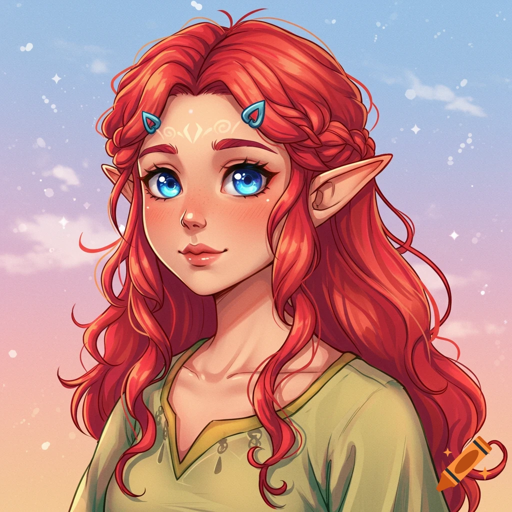 A portrait drawing of a female elf with red hair, blue eyes, and pointy ears, in an anime style.