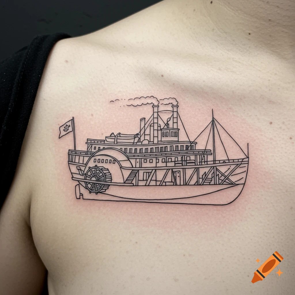 Line drawing tattoo of a paddle steamer boat on skin.