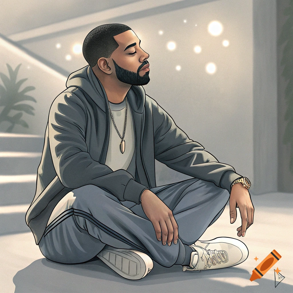 Illustration of a man with a beard meditating in a grey hoodie and sweatpants.