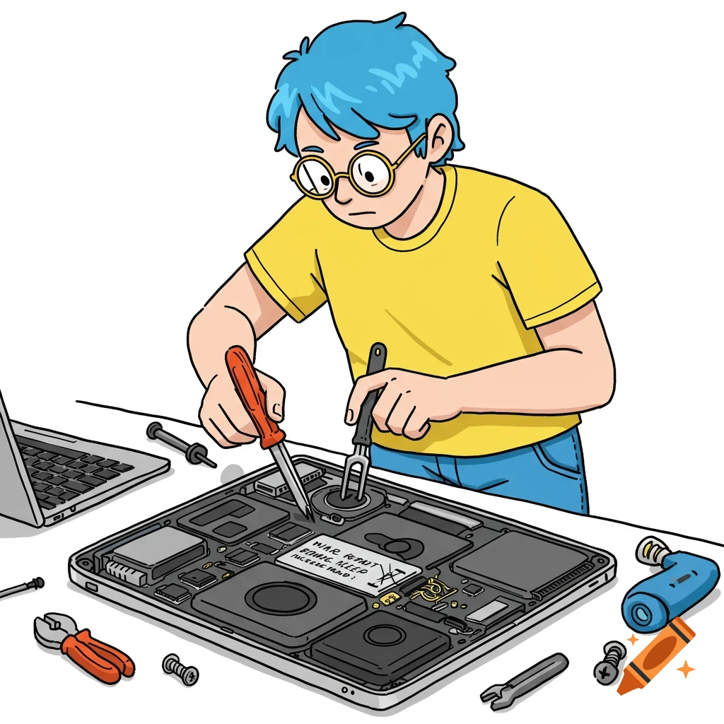 Cartoon of a person repairing a laptop with tools