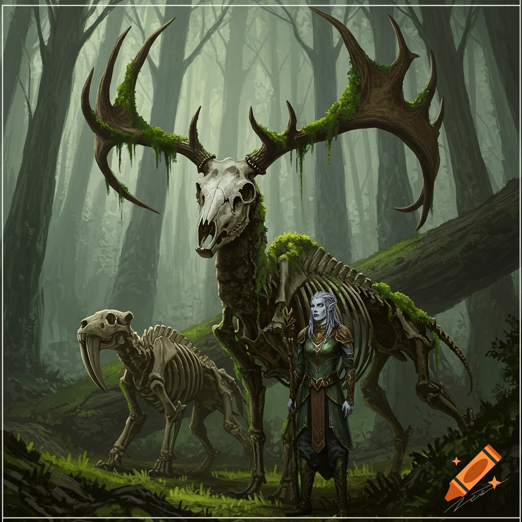 Skeletons of an elk and a saber tooth tiger stand beside an elven woman in a forest.