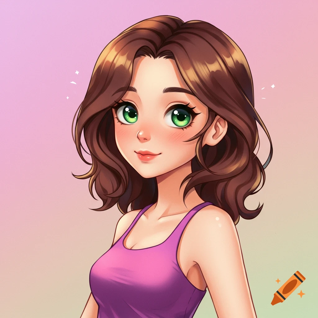A cartoon girl with brown hair and green eyes wearing a purple tank top.