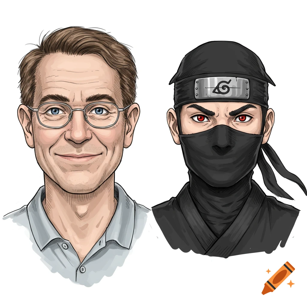 Two illustrations side-by-side: a smiling man in glasses and a ninja with red eyes and mask.