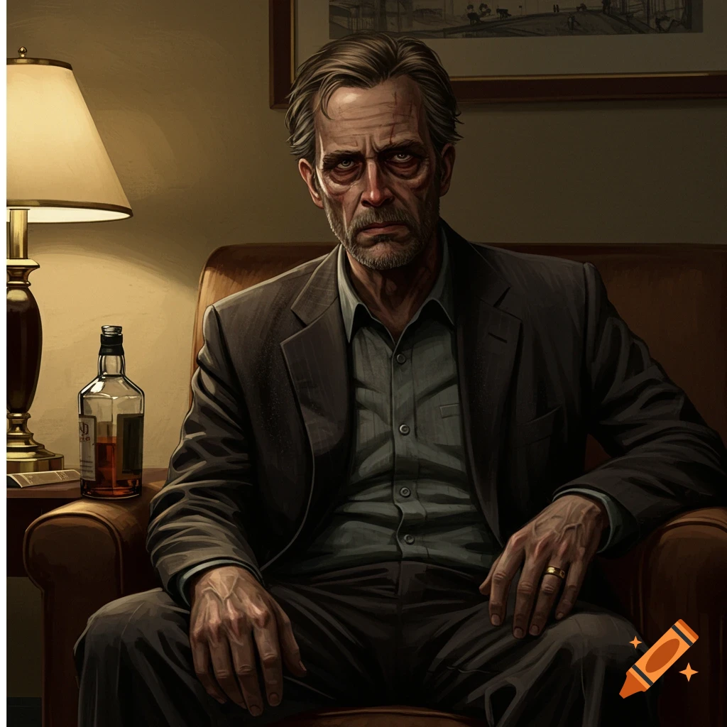 An older man with a beard sits in a chair next to a bottle of whiskey, looking bitter.