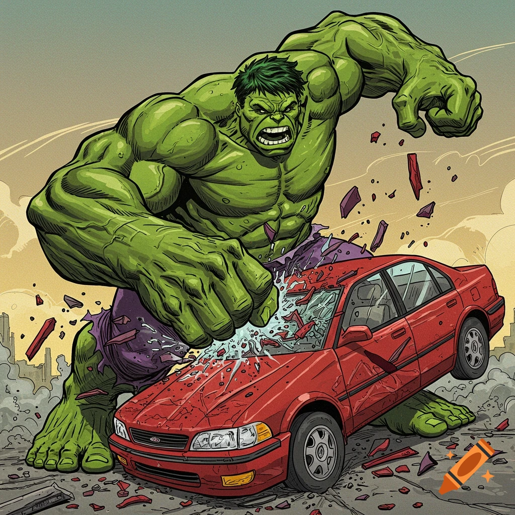 The Hulk smashes a red car in a comic art style.