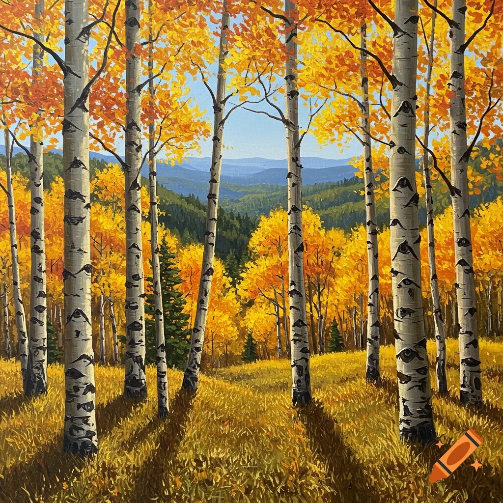 Acrylic painting of aspen trees with yellow leaves in autumn
