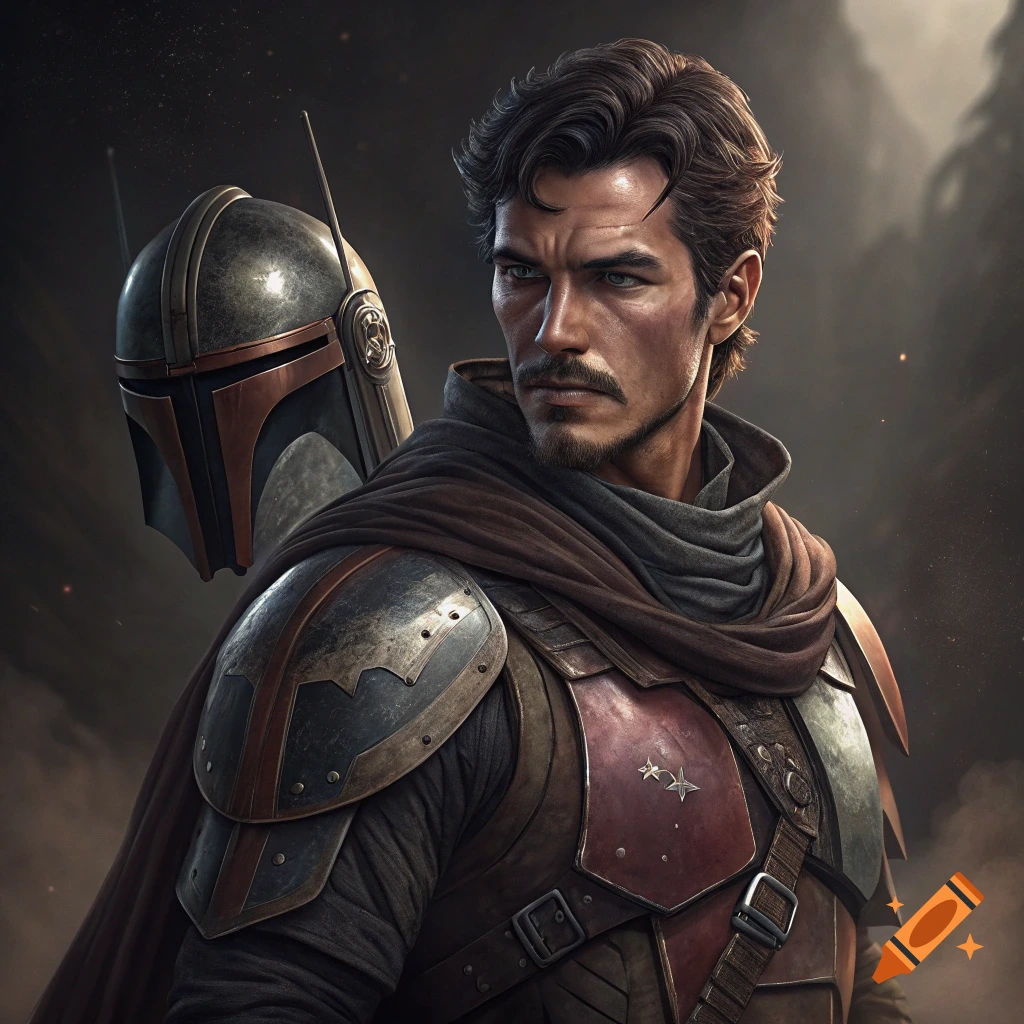 Digital art portrait of a man in Mandalorian-inspired armor with a helmet on his back.