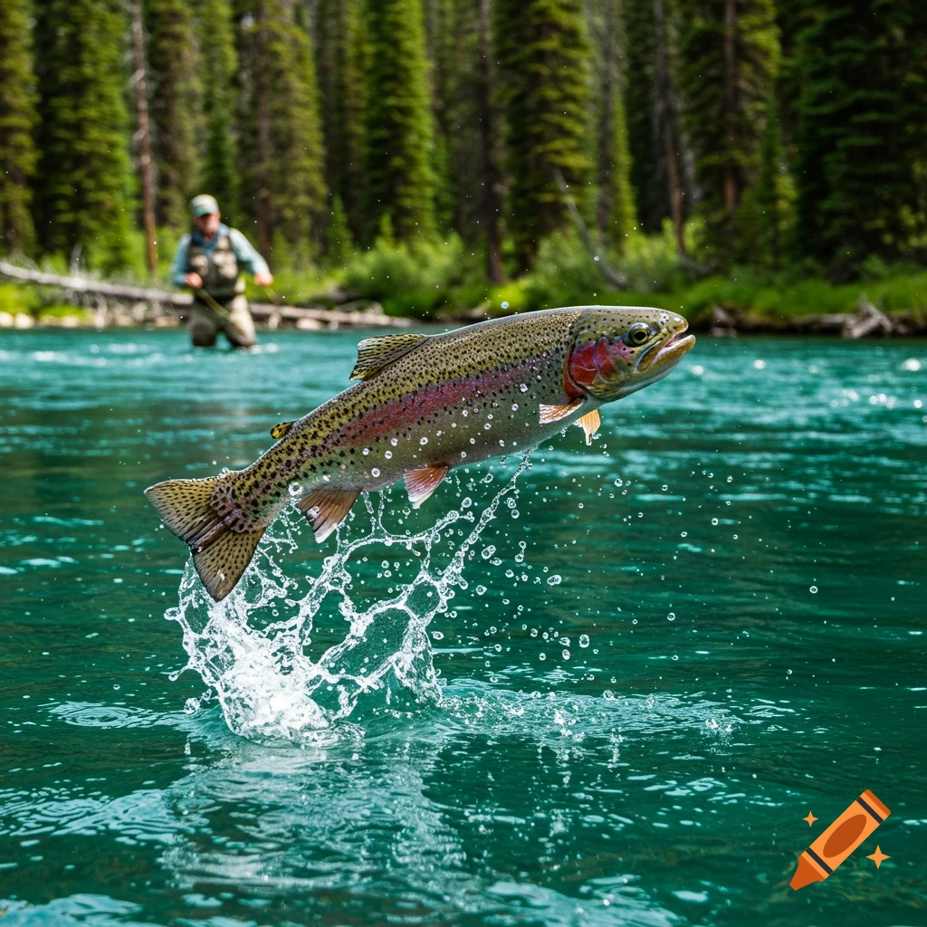 A rainbow trout jumps out of the water while a person fishes in the background on a river.