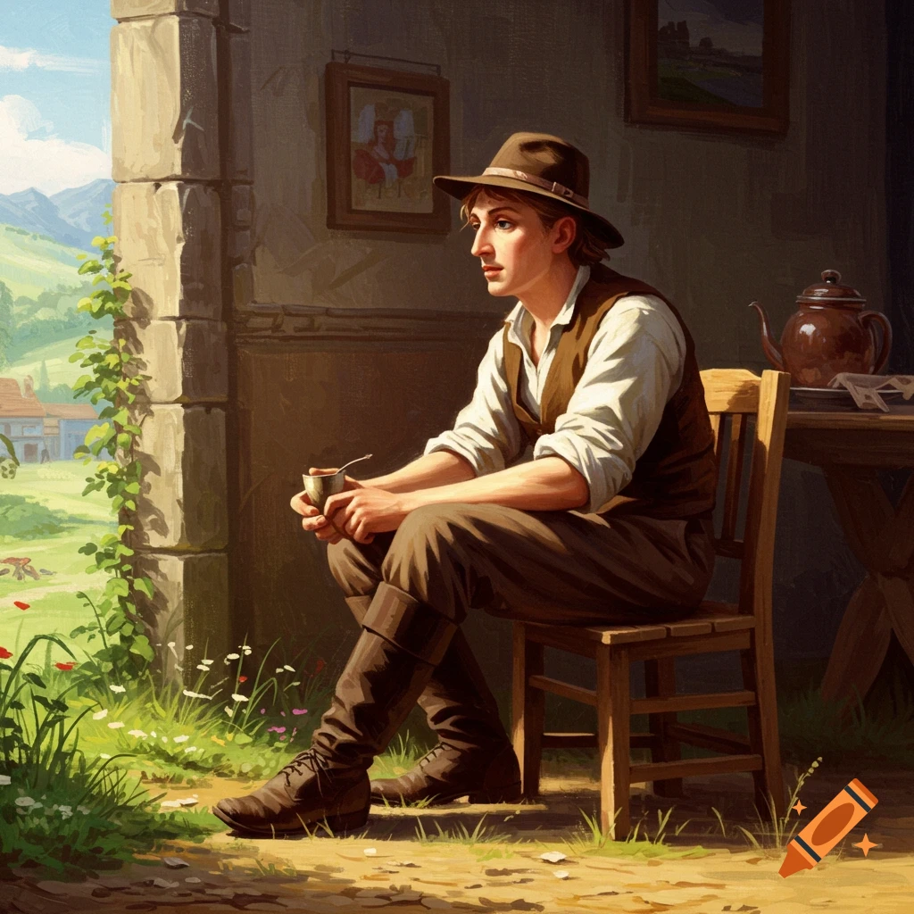 A man wearing a hat and vest sits outdoors, holding a cup, with a landscape background.