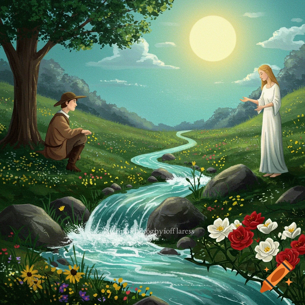 Digital illustration of a man and woman in a lush valley beside a winding river, with flowers and trees under a bright sun.