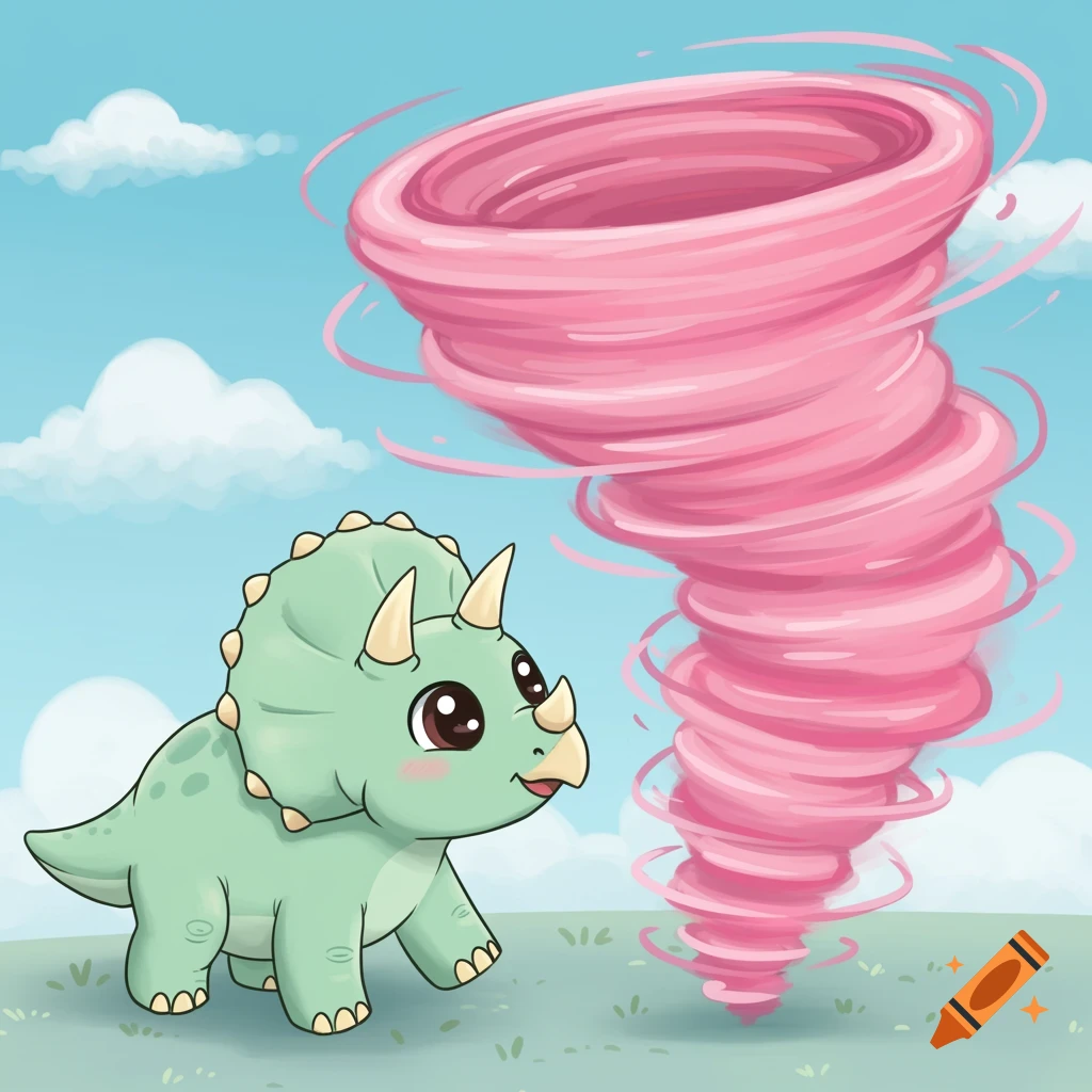 A cute green cartoon triceratops looks at a pink tornado in a whimsical illustration.