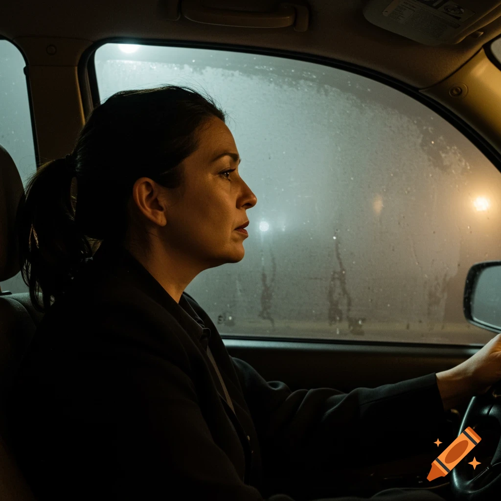 Profile of a woman driving a car, looking through a foggy window at night.
