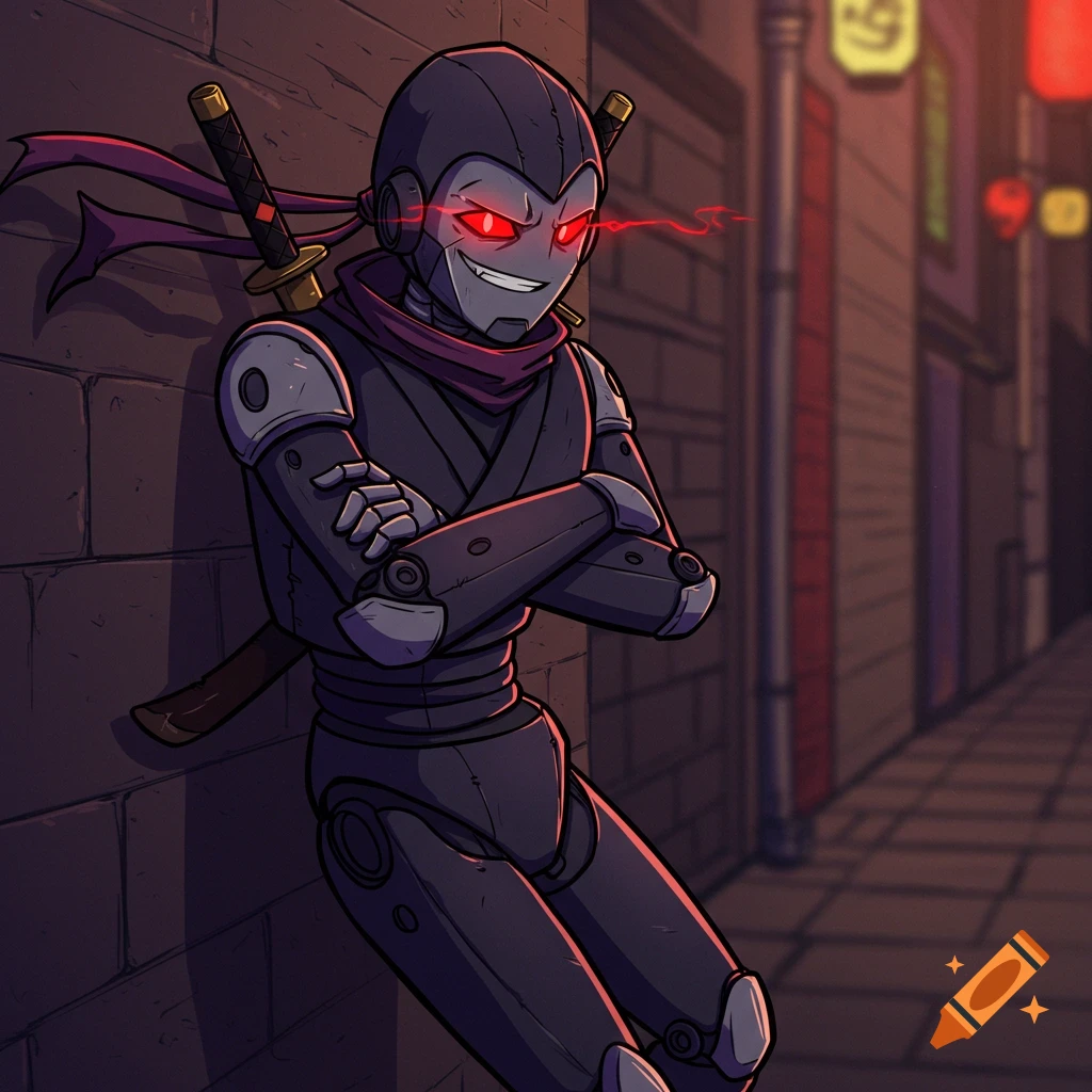 A cartoon robot ninja with glowing red eyes leans against a brick wall in an alley, arms crossed, with swords on its back.
